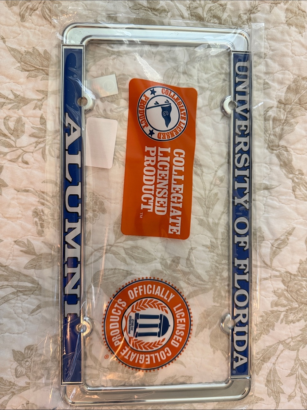 University of Florida Alumni Chrome License Plate Frame - Blue & White. New.